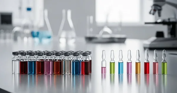 Vials of colored liquid sit on a lab table next to a microscope.