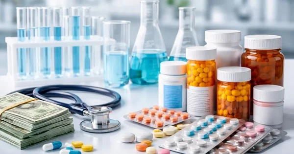 The image shows a collection of medical supplies, including pill bottles, blister packs of pills, test tubes with blue liquid, beakers, a stethoscope, and a stack of U.S. dollar bills. The scene suggests a focus on healthcare costs, pharmaceutical research, or the business aspects of medicine.
