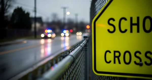 Police car drives near a school crossing sign.