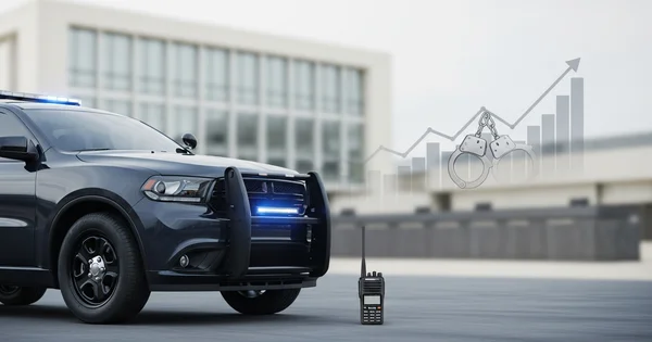 A police vehicle is parked next to a radio, with a rising graph and handcuffs in the background.