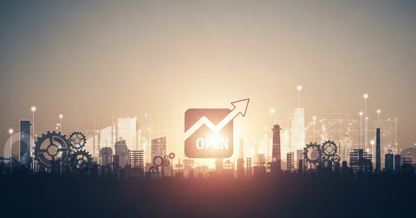 A digital illustration depicts industrial recovery and economic growth as businesses reopen.