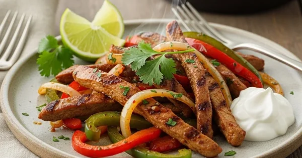 A plate of fajitas with beef, peppers, onions, sour cream, and a lime wedge is served on a wooden table.