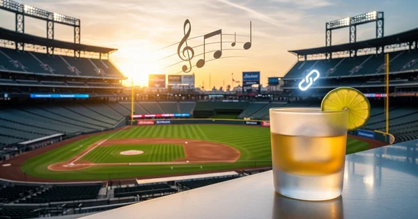 A cocktail with a lime garnish sits in front of a baseball stadium at sunset.