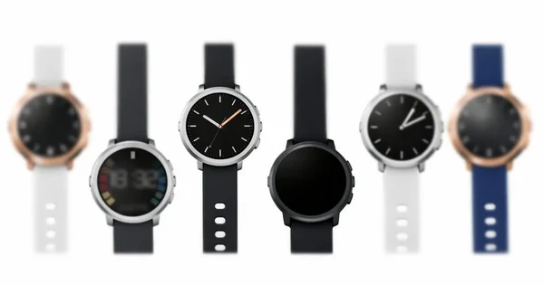 A product lineup displays various color and style options for a series of smartwatches.