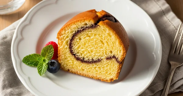 A slice of ring cake with a swirl filling sits on a plate with berries and mint.