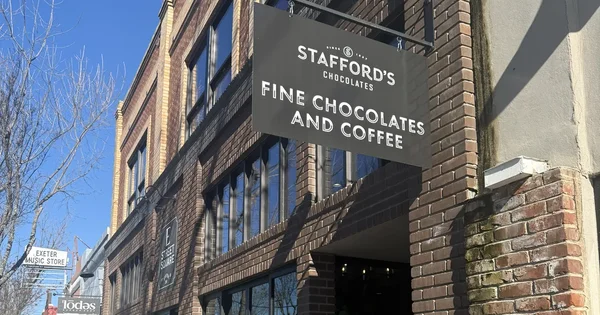 Stafford's Chocolates advertises fine chocolates and coffee at their store.