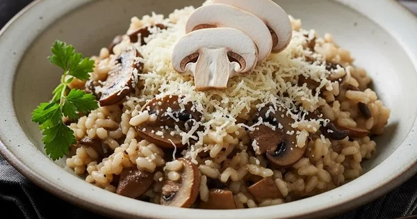 A bowl of mushroom risotto is topped with grated cheese and sliced mushrooms.