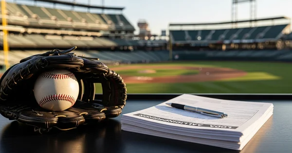 A stack of contract documents and a baseball glove sit overlooking an empty ballpark as teams prepare for the upcoming season.