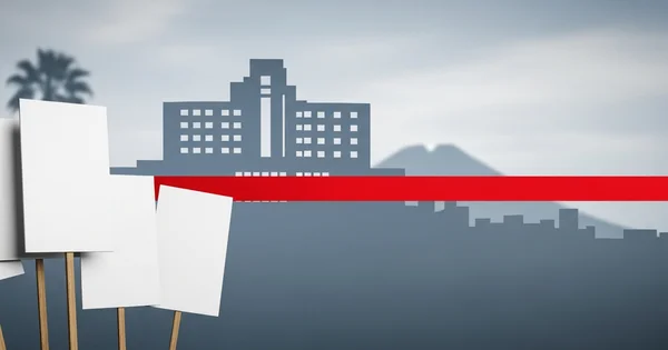 Protesters hold blank signs in front of a city skyline.