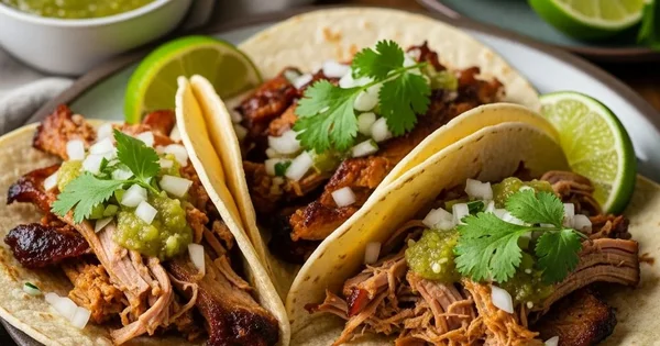 Three tacos filled with meat, onions, salsa verde, and cilantro are served with limes and salsa.