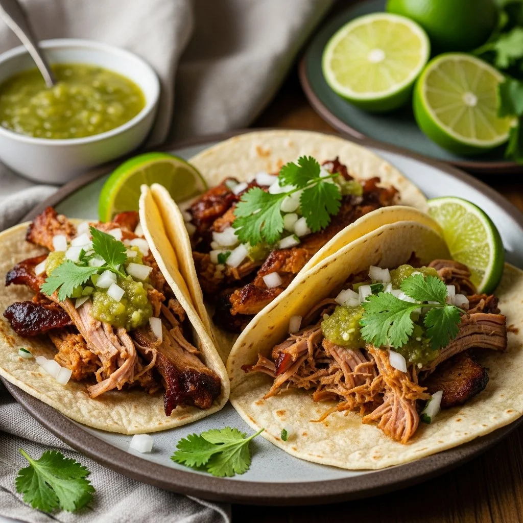 Three tacos filled with meat, onions, salsa verde, and cilantro are served with limes and salsa. Three tacos filled with meat, onions, salsa verde, and cilantro are served with limes and salsa.