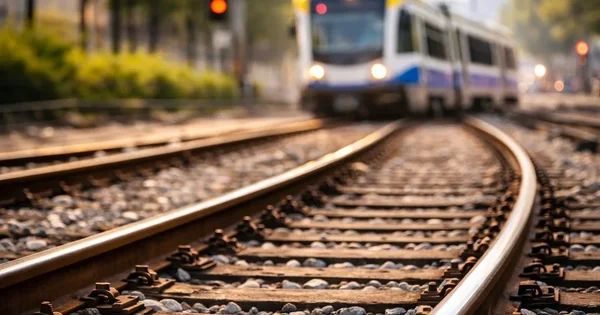 A train approaches on the tracks.