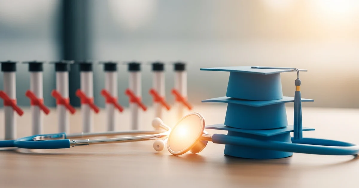 A stethoscope and graduation caps signify the completion of medical studies for new healthcare graduates. A stethoscope and graduation caps signify the completion of medical studies for new healthcare graduates.