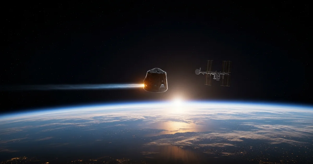 Spacecraft re-enters Earth's atmosphere near the International Space Station. Spacecraft re-enters Earth's atmosphere near the International Space Station.