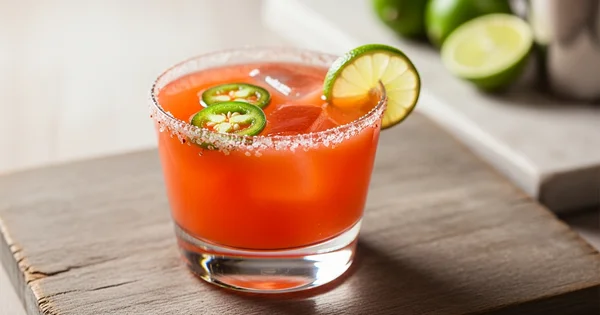 A spicy margarita garnished with jalapenos and a lime wedge sits on a wooden surface.