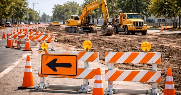 Construction crews work on road repairs.
