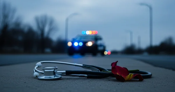 A stethoscope and flower lie on the ground near a police vehicle.