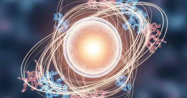 Illustration of an atom with orbiting electrons.