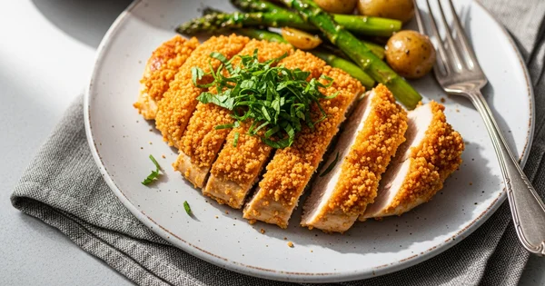 A plate of sliced, breaded chicken breast topped with greens is served with asparagus and potatoes.