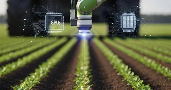 A laser weeder robotically targets weeds in a crop field.