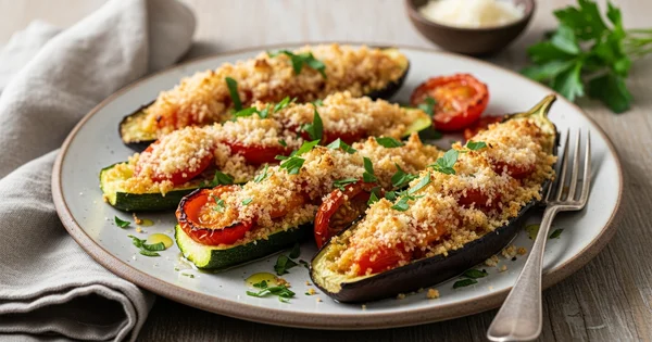Stuffed zucchini and eggplant are served on a plate.