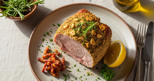 Roasted pork loin sits on a plate with lemon and herbs.