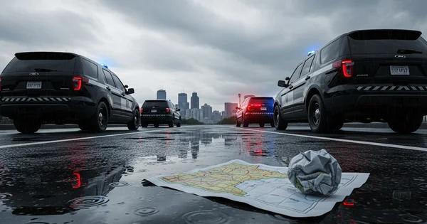 Police vehicles respond to an incident on a rain-slicked highway as a map lies discarded on the pavement.