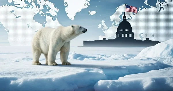 A polar bear stands on melting ice in front of the U.S. Capitol building, symbolizing climate change concerns.