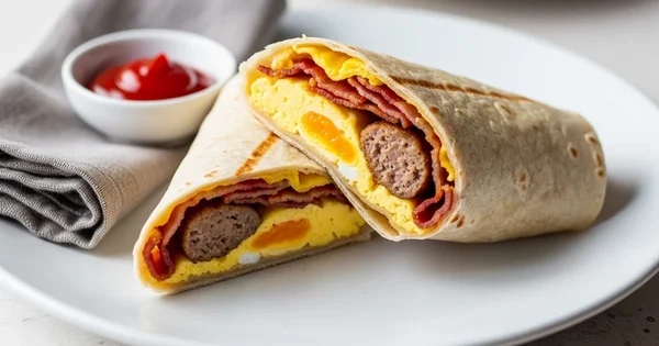 A breakfast burrito cut in half on a plate next to a small bowl of ketchup.