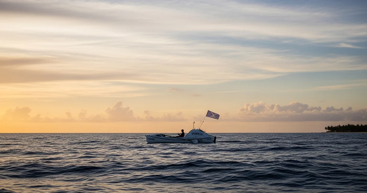 A rower navigates an ocean rowing boat through calm waters at sunset. A rower navigates an ocean rowing boat through calm waters at sunset.