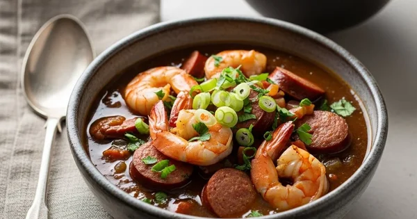 Bowl of shrimp and sausage gumbo sits next to rice.