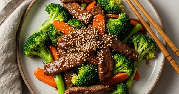 Plate of sesame beef stir fry with broccoli and carrots.