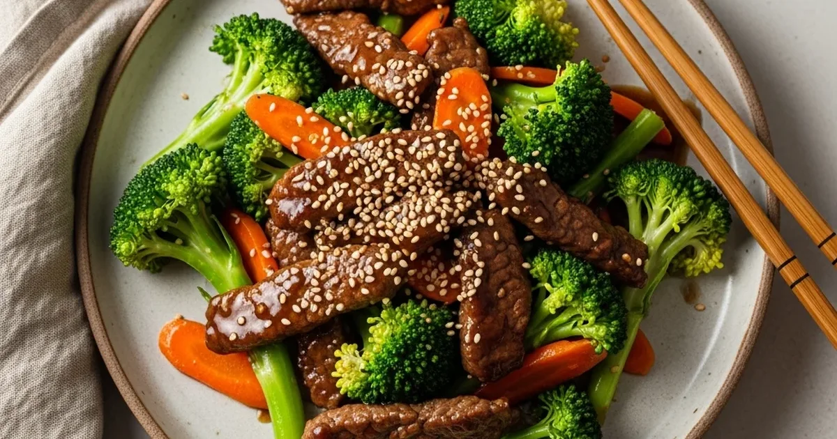 Plate of sesame beef stir fry with broccoli and carrots. Plate of sesame beef stir fry with broccoli and carrots.