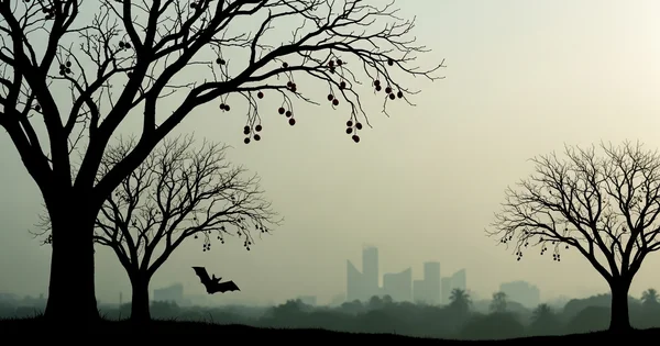 A bat flies near silhouetted trees with a hazy city skyline visible in the distance.