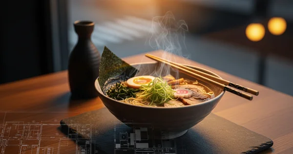 Steam rises from a bowl of ramen topped with a soft-boiled egg, scallions, and sliced pork.