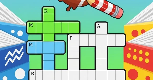 A cartoon image depicts a crossword puzzle partially filled in with letters. A football with a pencil attached hovers above the puzzle.