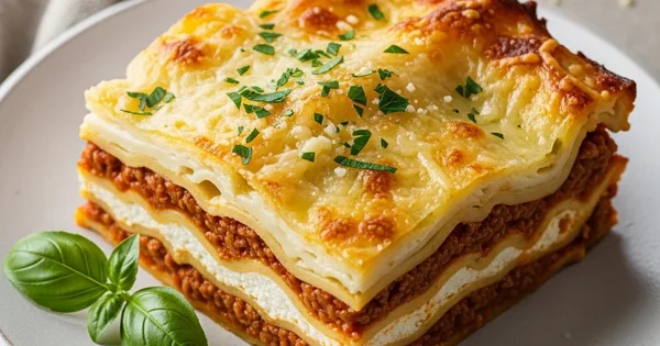 A slice of lasagna sits on a plate, garnished with fresh basil.