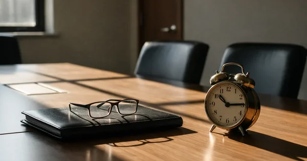 A clock, eyeglasses, and notebook sit on a conference table.