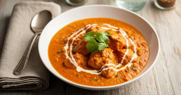 A bowl of butter chicken is presented on a table.