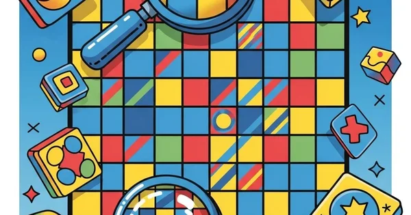 Illustration of a colorful board game with magnifying glasses and geometric shapes.