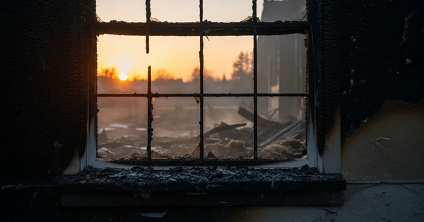 The sun rises over the smoldering remains of a building destroyed by fire.