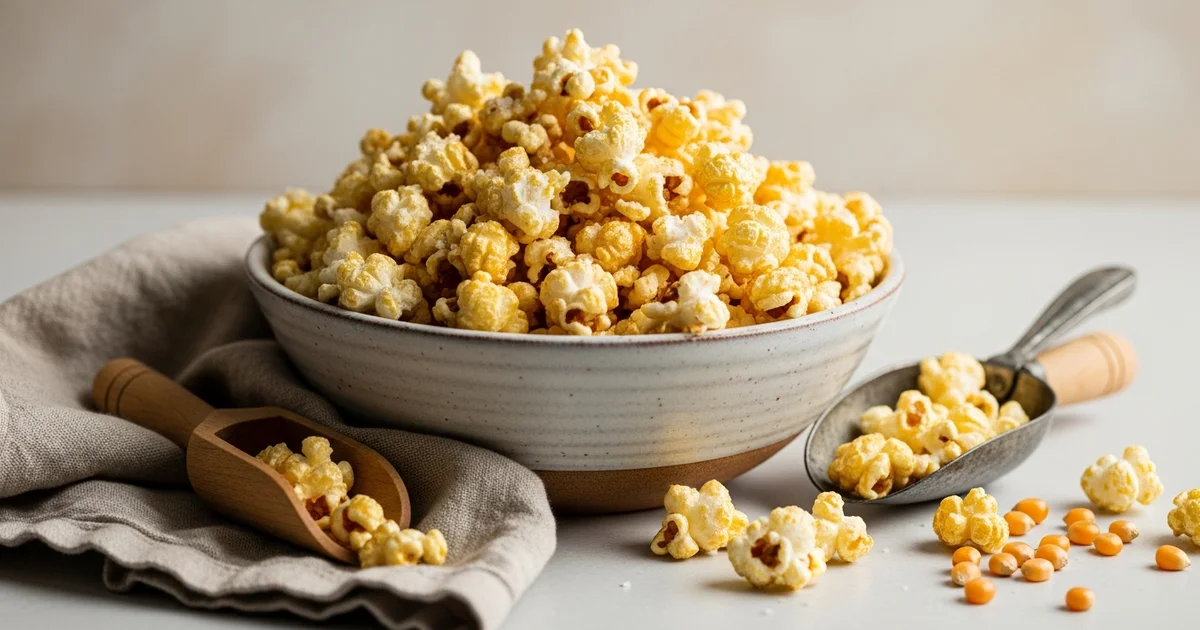 A bowl of popcorn sits on a table with two scoops. A bowl of popcorn sits on a table with two scoops.