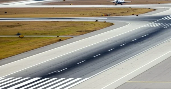 A small airplane taxis on a runway.