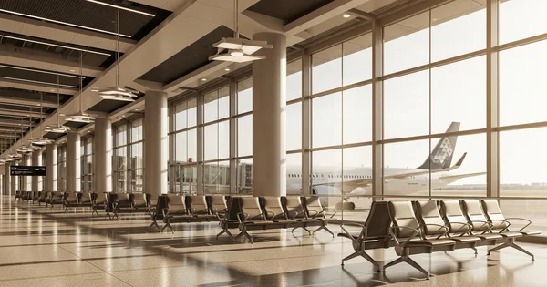 Empty seats line the airport terminal as a passenger jet waits on the tarmac.