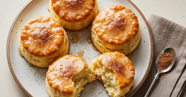 Freshly baked biscuits are displayed on a plate with a spoonful of brown sugar.