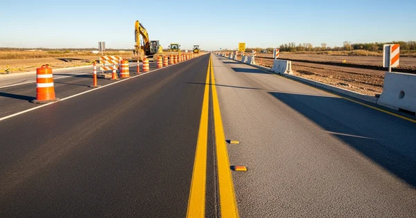 Construction equipment works on a new road.