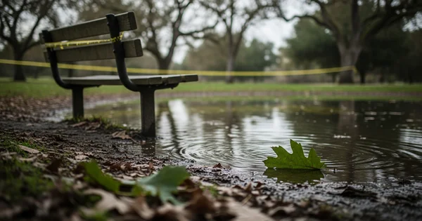 A park bench is taped off near a flooded area.