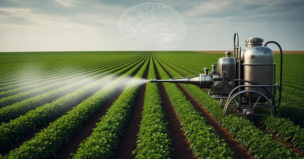 Spraying machine applies treatment to crops in a field.