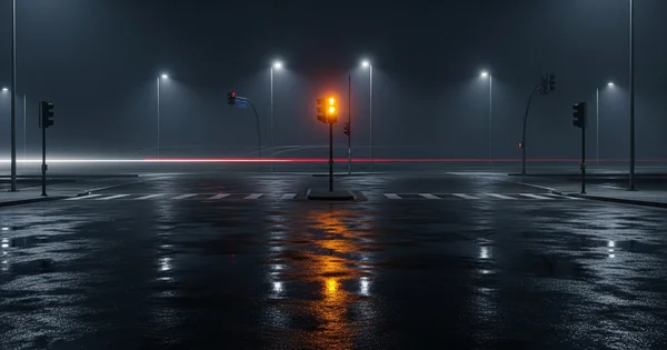 Traffic light glows yellow at a wet intersection at night.