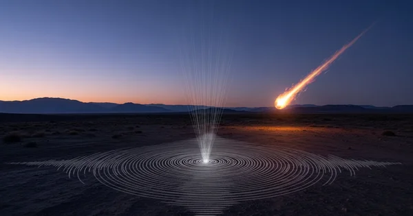 A meteor streaks across the sky above a desert landscape with a circle design on the ground.